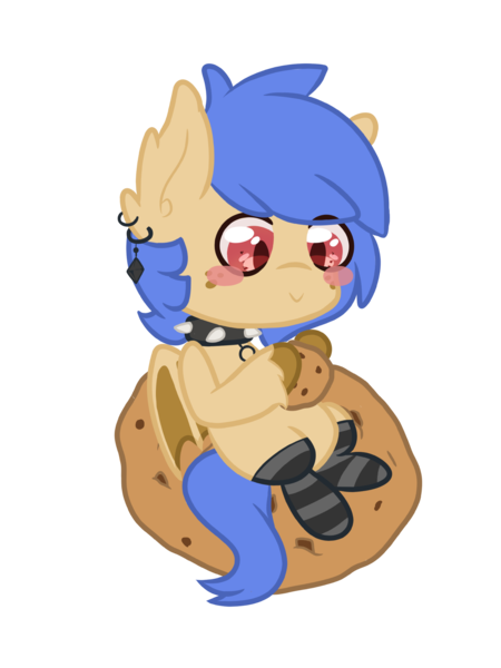 Size: 3000x4000 | Tagged: safe, artist:teacupido_, derpibooru import, oc, oc:lunar saintly, unofficial characters only, bat pony, pony, bat pony oc, bat wings, blushing, chibi, choker, clothes, collar, cookie, disguise, disguised changeling, ear fluff, ear piercing, earring, food, freckles, image, jewelry, piercing, png, slit pupils, smiling, socks, spiked choker, spiked collar, striped socks, unshorn fetlocks, wings