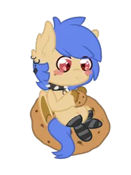 Size: 3000x4000 | Tagged: safe, artist:teacupido_, derpibooru import, oc, oc:lunar saintly, unofficial characters only, bat pony, pony, bat pony oc, bat wings, blushing, chibi, choker, clothes, collar, cookie, disguise, disguised changeling, ear fluff, ear piercing, earring, food, freckles, image, jewelry, piercing, png, slit pupils, smiling, socks, spiked choker, spiked collar, striped socks, unshorn fetlocks, wings