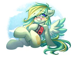 Size: 4592x3596 | Tagged: safe, artist:chaosangeldesu, derpibooru import, oc, unofficial characters only, pegasus, pony, blushing, colored wings, commission, cute, female, image, jpeg, looking at you, mare, nintendo switch, one eye closed, pegasus oc, sitting, smiling, smiling at you, solo, two toned wings, wings, wink