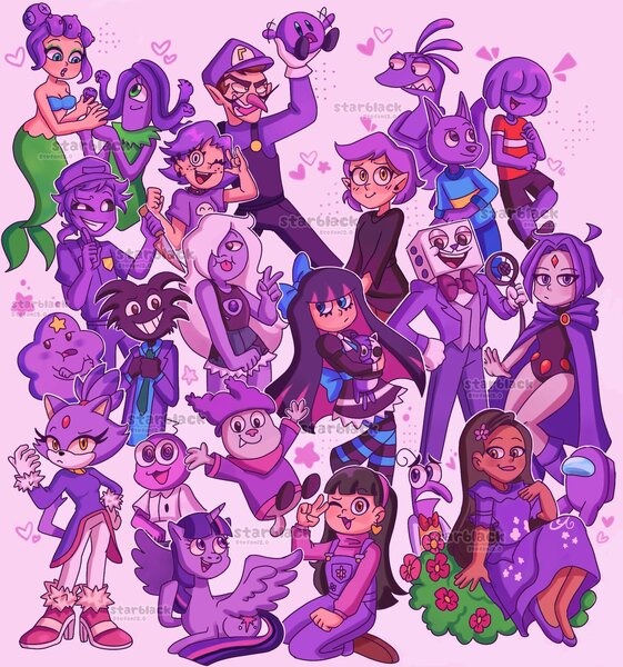 Size: 1916x2048 | Tagged: safe, artist:starblack_20, derpibooru import, twilight sparkle, twilight sparkle (alicorn), alicorn, anthro, cat, human, kangaroo, mermaid, abby park, adventure time, amethyst, amethyst (steven universe), amity blight, anarchy stocking, angel, blaze the cat, clothes, cuphead, dc comics, dress, encanto, fear (inside out), five nights at freddy's, gem, group, heart, hi hi puffy ami yumi, honekoneko, humanoid, image, inside out, isabela madrigal, jpeg, kirby, kirby (series), monster, panty and stocking with garterbelt, pim pimling, puffball, purple, purple background, purple guy, quartz, raven (dc comics), simple background, smiling friends, sonic the hedgehog (series), spoilers for another series, steven universe, super mario bros., teen titans, the owl house, turning red, waluigi, watermark, witch