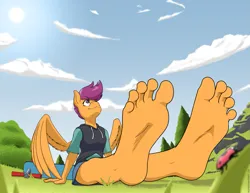 Size: 1397x1080 | Tagged: safe, artist:nudeknightart, derpibooru import, scootaloo, anthro, pegasus, plantigrade anthro, barefoot, clothes, cloud, feet, fetish, foot fetish, hoodie, image, leaning back, looking up, png, relaxing, resting, scooter, smiling, soles, solo, toes