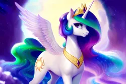 Size: 1920x1280 | Tagged: safe, derpibooru import, editor:dovakkins, machine learning generated, stable diffusion, princess celestia, alicorn, pony, beautiful, cloud, cloudy, derpibooru exclusive, female, full moon, horn, image, jewelry, long mane, mare, moon, night, night sky, one wing out, peytral, png, regalia, sky, smiling, solo, tail, wavy mane, wavy tail, wings