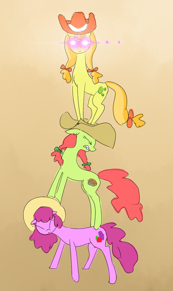 Size: 823x1384 | Tagged: artist needed, safe, derpibooru import, berry punch, berryshine, jonagold, marmalade jalapeno popette, peachy sweet, pony, over a barrel, apple family member, clothes, cowboy hat, drawthread, glow, glowing eyes, hat, image, looking at you, png, pony pile, scene interpretation
