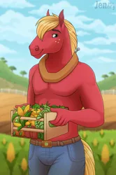 Size: 1280x1922 | Tagged: safe, artist:jenery, derpibooru import, big macintosh, anthro, horse, belt, carrying, clothes, corn, farm, food, freckles, furry, green pupils, image, jpeg, looking at you, male, pants, partial nudity, red body, solo, topless, vegetables, watermark