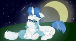 Size: 1024x562 | Tagged: safe, artist:misty-wonderbolt, derpibooru import, fleetfoot, orion, shooting star (character), pony, ask-fleetfoot, cuddling, female, image, lying down, male, moon, night, png, prone, straight