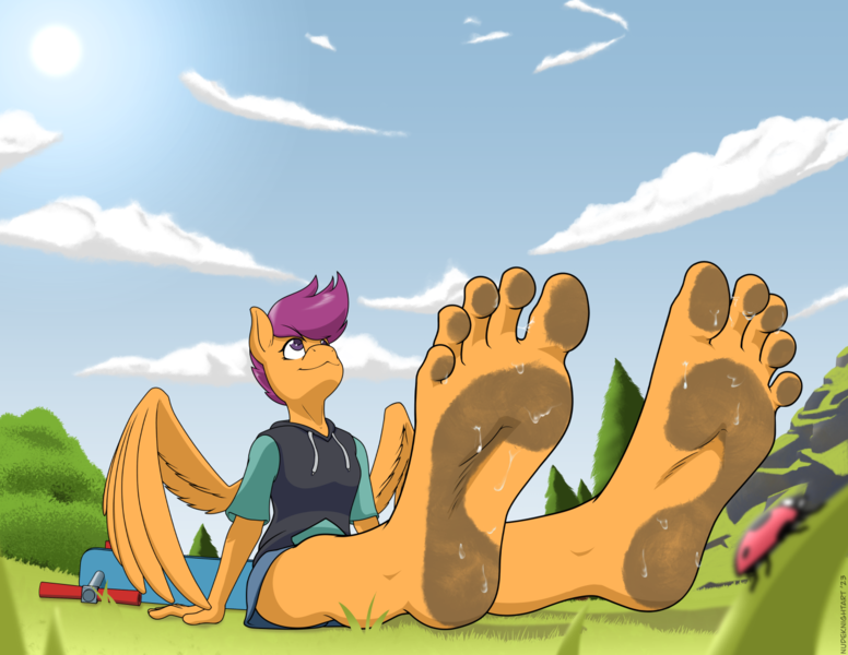 Size: 1397x1080 | Tagged: questionable, artist:nudeknightart, derpibooru import, edit, scootaloo, anthro, pegasus, plantigrade anthro, barefoot, clothes, cloud, dirt, dirty, dirty feet, feet, fetish, foot fetish, hoodie, image, leaning back, looking up, png, relaxing, resting, scooter, smiling, soles, solo, sweat, sweaty feet, toes