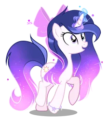 Size: 2165x2412 | Tagged: safe, artist:harmonyvitality-yt, derpibooru import, oc, oc:harmony vitality, unofficial characters only, pony, unicorn, base used, bow, ethereal mane, eyelashes, glow, glowing horn, hair bow, horn, image, offspring, parent:flash sentry, parent:twilight sparkle, parents:flashlight, png, simple background, solo, starry mane, transparent background, unicorn oc