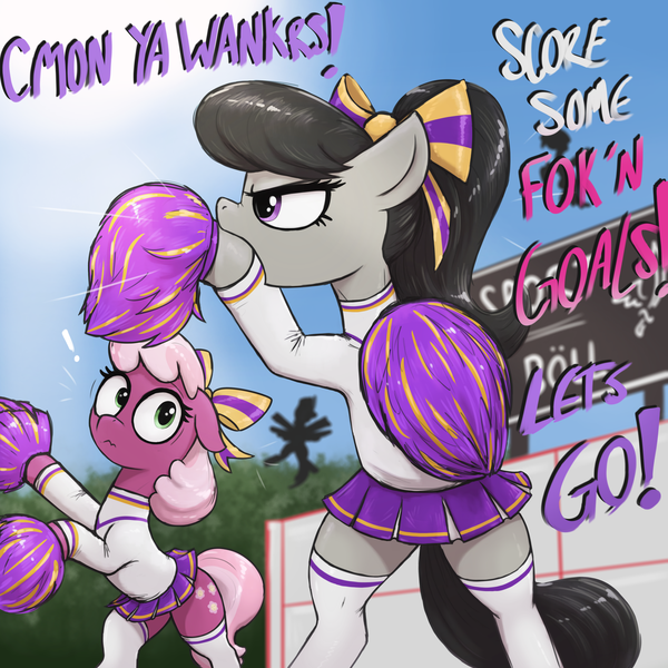 Size: 3000x3000 | Tagged: safe, artist:t72b, derpibooru import, cheerilee, octavia melody, earth pony, pony, art pack:cheerleader art pack, bipedal, bow, chavtavia, cheerileeder, cheerleader, cheerleader outfit, clothes, duo focus, female, floppy ears, frown, hair bow, image, mare, meme, octchavia, png, pom pom, skirt, socks, sports, vulgar, yelling