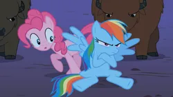 Size: 1280x720 | Tagged: safe, derpibooru import, screencap, pinkie pie, rainbow dash, buffalo, pony, over a barrel, crossed hooves, image, png, pouting