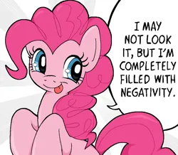 Size: 909x791 | Tagged: safe, artist:muffinz, derpibooru import, pinkie pie, ponified, earth pony, pony, cute, diapinkes, dissonant caption, image, png, reference, smug, solo, text