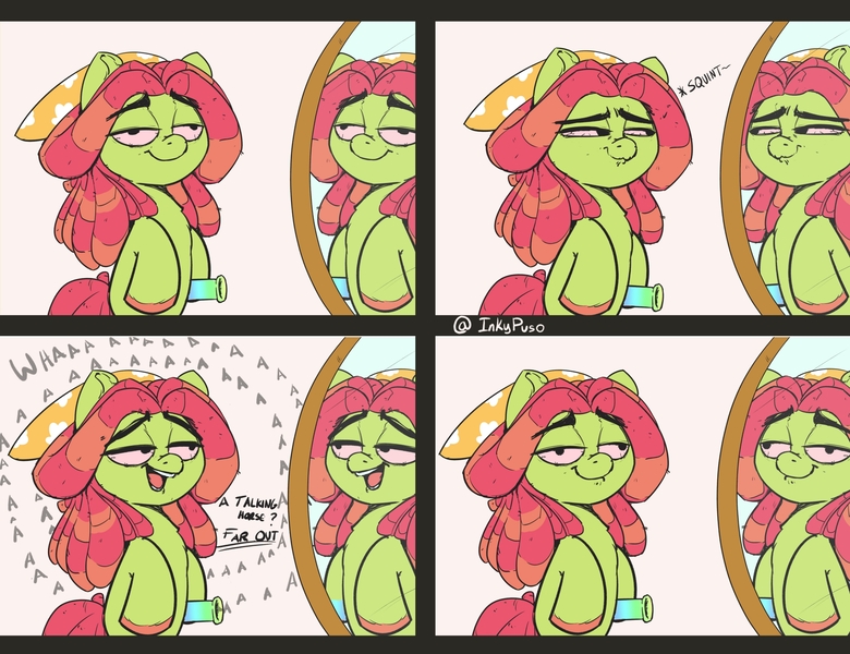 Size: 2000x1538 | Tagged: safe, artist:inkypuso, derpibooru import, tree hugger, earth pony, pony, bloodshot eyes, bong, comic, dialogue, dreadlocks, female, image, implied drug use, jpeg, mare, mirror, reflection, solo