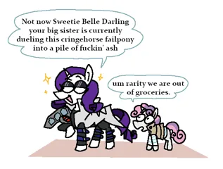 Size: 2428x1836 | Tagged: safe, artist:punkittdev, derpibooru import, rarity, sweetie belle, pegasus, pony, clothes, cosplay, costume, dialogue, duel disk, duo, female, filly, foal, image, lidded eyes, mare, mokuba kaiba, open mouth, open smile, png, seto kaiba, siblings, simple background, sisters, smiling, sparkles, speech bubble, white background, yu-gi-oh!