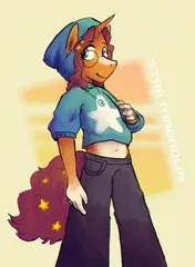 Size: 872x1187 | Tagged: safe, artist:punkittdev, derpibooru import, oc, oc:star magnolia, unofficial characters only, anthro, unicorn, beanie, belly button, glasses, hat, image, jpeg, midriff, smiling, solo