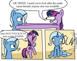 Size: 1019x815 | Tagged: safe, artist:notfocks, derpibooru import, trixie, twilight sparkle, twilight sparkle (alicorn), alicorn, pony, unicorn, cartoon physics, comic, dialogue, duo, female, image, mare, png, speech bubble