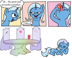 Size: 1019x815 | Tagged: safe, artist:notfocks, derpibooru import, trixie, pony, unicorn, coca-cola, comic, cutie map, dialogue, drink, drinking, female, image, lying down, mare, png, side, soda can, solo, speech bubble, suddenly hands