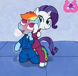 Size: 1023x1000 | Tagged: safe, artist:author92, derpibooru import, rainbow dash, rarity, pegasus, pony, unicorn, ahegao, breath, chokehold, clothed ponies, clothes, duo, gi, image, martial artist rarity, martial arts, open mouth, png, red face, smiling, tongue out