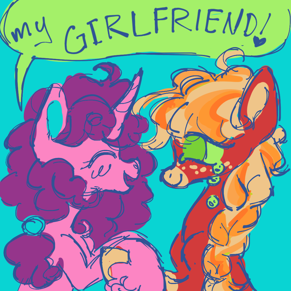 Size: 1000x1000 | Tagged: safe, artist:webkinzworldz, derpibooru import, big macintosh, sugar belle, earth pony, pony, unicorn, big femboyintosh, blue background, crossdressing, duo, female, half r63 shipping, image, lesbian, macarebelle, macareina, male, orchard blossom, png, rule 63, shipping, simple background, speech bubble, straight, sugarmac, trans big macintosh, trans female, trans mare big mac, transgender