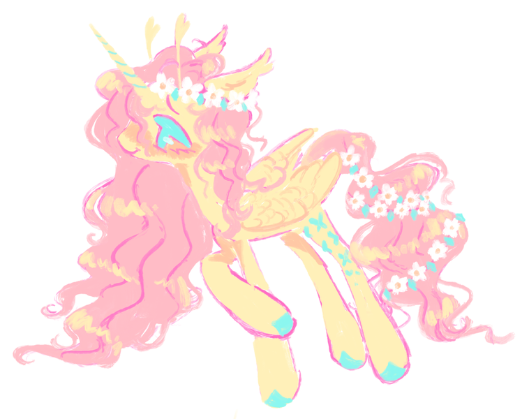 Size: 1280x1013 | Tagged: safe, artist:webkinzworldz, derpibooru import, fluttershy, alicorn, pony, antenna, antennae, colored hooves, ear fluff, floral head wreath, flower, flower in tail, image, png, race swap, simple background, solo, tail, white background