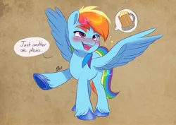 Size: 4096x2897 | Tagged: safe, artist:artharuhi, derpibooru import, rainbow dash, pegasus, pony, blushing, cider, dialogue, drunk, female, image, jpeg, mare, open mouth, raised hoof, solo, spread wings, wings