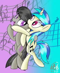 Size: 2286x2786 | Tagged: safe, artist:notadeliciouspotato, derpibooru import, octavia melody, vinyl scratch, earth pony, pony, unicorn, abstract background, bipedal, dancing, duo, female, gradient background, image, looking at each other, looking at someone, mare, open mouth, open smile, png, signature, smiling