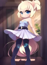 Size: 1024x1408 | Tagged: safe, artist:cdv, derpibooru import, machine learning assisted, machine learning generated, novelai, stable diffusion, oc, oc:silk stocking, anthro, pony, clothes, cute, derpibooru exclusive, dress, female, filly, foal, image, indoors, looking at you, png, solo
