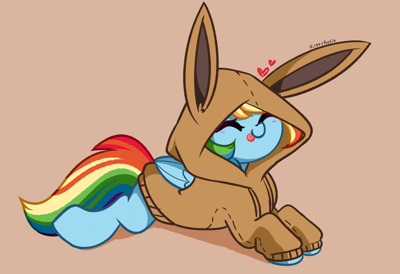 Size: 5664x3880 | Tagged: safe, artist:kittyrosie, derpibooru import, rainbow dash, eevee, pegasus, pony, clothes, cute, dashabetes, eyes closed, hoodie, image, png, pokémon, simple background, tongue out