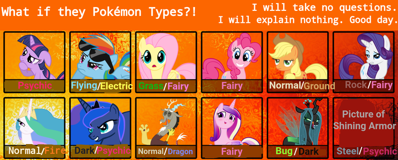 Size: 2048x824 | Tagged: safe, derpibooru import, applejack, discord, fluttershy, pinkie pie, princess cadance, princess celestia, princess luna, queen chrysalis, rainbow dash, rarity, shining armor, twilight sparkle, headcanon, image, mane six, png, pokémon