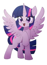 Size: 1066x1453 | Tagged: safe, artist:plusplus_pony, derpibooru import, twilight sparkle, twilight sparkle (alicorn), alicorn, pony, cute, female, horn, image, jpeg, looking at you, mare, open mouth, raised hoof, simple background, solo, spread wings, twiabetes, white background, wings