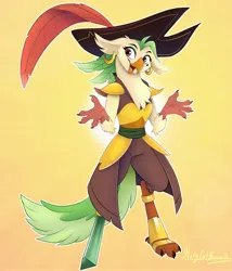 Size: 2520x2940 | Tagged: safe, artist:katycatkawaii, derpibooru import, captain celaeno, anthro, bird, my little pony: the movie, amputee, female, high res, image, jpeg, open mouth, open smile, ornithian, peg leg, pirate, prosthetic leg, prosthetic limb, prosthetics, shrug, smiling, solo