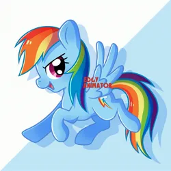 Size: 2700x2700 | Tagged: safe, artist:edgyanimator, derpibooru import, rainbow dash, pegasus, pony, big eyes, blue background, blue coat, blue fur, blue wings, cel shading, chibi, colored, colored lineart, confident, cute, cute pony, dashabetes, derpibooru exclusive, digital art, eyelashes, female, firealpaca, full body, image, jpeg, lineart, looking sideways, looking to the right, mare, multicolored hair, multicolored mane, multicolored tail, open mouth, open smile, pink eyes, quadrupedal, rainbow hair, raised hoof, shading, sideways glance, signature, simple background, simple shading, smiling, solo, spread wings, tail, wings