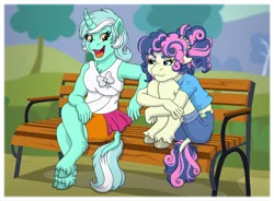 Size: 4554x3346 | Tagged: safe, artist:faitheverlasting, derpibooru import, bon bon, lyra heartstrings, sweetie drops, anthro, earth pony, pony, unguligrade anthro, unicorn, bench, bon bon is not amused, clothes, duo, duo female, female, floppy ears, hair tie, high res, hugging leg, image, implied transformation, leonine tail, lesbian, looking at each other, looking at someone, looking sideways, lyrabon, mare, meme, open mouth, open smile, png, pony to anthro, ponytail, shipping, sitting, sitting lyra, smiling, tail, unamused, unshorn fetlocks
