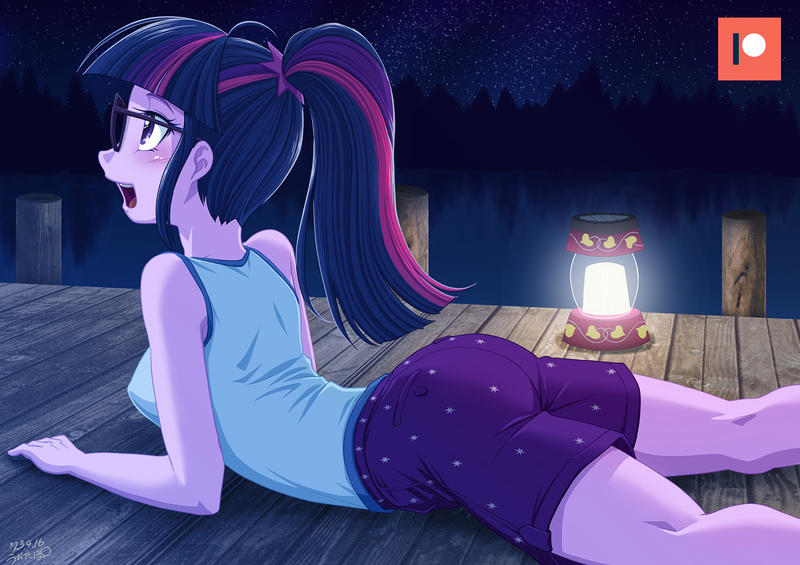 Size: 1200x848 | Tagged: safe, artist:uotapo, derpibooru import, sci-twi, twilight sparkle, equestria girls, legend of everfree, butt, camp everfree outfits, clothes, female, glasses, image, jpeg, lamp, looking up, lying down, open mouth, patreon, patreon logo, ponytail, prone, shorts, solo, stargazing, tanktop, twibutt