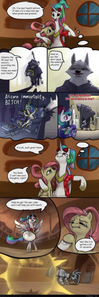 Size: 1963x5885 | Tagged: safe, artist:ciborgen, derpibooru import, princess celestia, princess luna, zecora, alicorn, anthro, pegasus, pony, wolf, zebra, alternate hairstyle, backwards ballcap, baseball cap, bipedal, breaking the fourth wall, cap, comic, controller, crossover, death (puss in boots), dialogue, eating, female, flashback, gratuitous spanish, hand, hat, hay, high res, image, magic, magic hands, male, mare, png, ponytail, propeller hat, puss in boots: the last wish, speech bubble