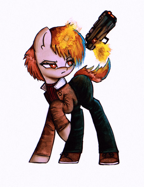 Size: 1920x2500 | Tagged: safe, artist:menalia, derpibooru import, oc, oc:f-1 net-0, unofficial characters only, pony, robot, robot pony, unicorn, clothes, cyberpunk, female, gun, image, jacket, looking at something, magic, magic aura, mare, pants, png, raised hoof, shoes, simple background, sneakers, solo, sweater, weapon, white background