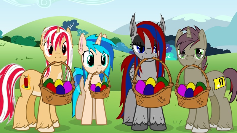 Size: 2560x1440 | Tagged: safe, artist:vitariel, derpibooru import, oc, oc:morozov, oc:skyling, oc:vitariel, unofficial characters only, bat pony, pony, unicorn, 2023, happy easter, horn, image, jpeg, wings