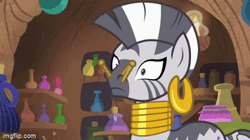 Size: 360x202 | Tagged: safe, derpibooru import, screencap, zecora, pony, molt down, season 8, spoiler:s08, animated, bottle, bracelet, cotton balls, cotton wool, ear piercing, earring, female, gif, image, imgflip, implied stink, jewelry, leg rings, looking sideways, mare, neck rings, necklace, open mouth, pegs, piercing, pinpoint eyes, placing, raised hoof, raised leg, shelves, shocked, solo, zecora's hut