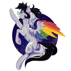 Size: 2000x2000 | Tagged: safe, artist:dankpegasista, derpibooru import, oc, oc:lunar dash, unofficial characters only, pegasus, pony, bangs, big smile, butt, chest fluff, circle background, colored wings, derpibooru exclusive, digital art, ear fluff, ear piercing, eyelashes, faded cutie mark, female, flowy mane, flying, full body, full color, green eyes, grin, high res, highlights, image, krita, large wings, lineart, long tail, mare, messy mane, multicolored wings, piercing, png, ponytail, purple background, purple hair, rainbow wings, raised hoof, shading, shiny skin, simple background, simple shading, smiling, solo, solo female, sparkles, spread wings, tail, tattoo, teeth, transparent background, upright, wings