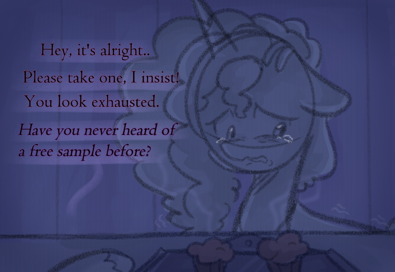Size: 1011x696 | Tagged: safe, anonymous artist, derpibooru import, pony, unicorn, series:misty pov, g5, bust, dialogue, female, floppy ears, food, image, implied dahlia, limited palette, looking away, looking down, mare, misty brightdawn, muffin, offscreen character, pastry, png, shaking, solo, steam, teary eyes, tray, wavy mouth
