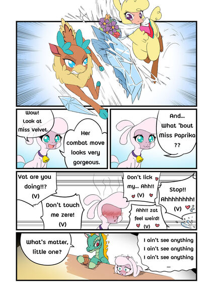 Size: 1024x1454 | Tagged: safe, artist:abyssalrabbit, derpibooru import, velvet reindeer, alpaca, deer, dragon, hybrid, longma, reindeer, sheep, them's fightin' herds, bell, blushing, community related, dialogue, image, implied sex, jpeg, paprika (tfh), pom (tfh), text, thought bubble, tianhuo (tfh)