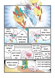 Size: 1024x1454 | Tagged: safe, artist:abyssalrabbit, derpibooru import, velvet reindeer, alpaca, deer, dragon, hybrid, longma, reindeer, sheep, them's fightin' herds, bell, blushing, community related, dialogue, image, implied sex, jpeg, paprika (tfh), pom (tfh), text, thought bubble, tianhuo (tfh)