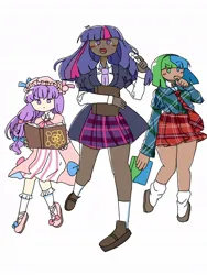 Size: 768x1024 | Tagged: safe, artist:koheirichan, derpibooru import, twilight sparkle, human, battle for dream island, blackwashing, book, book (battle for dream island), clothes, crossover, dark skin, dress, female, humanized, image, jpeg, patchouli knowledge, simple background, skirt, touhou, trio, twichouli, white background