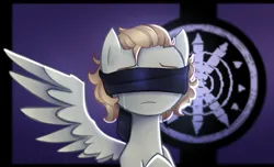 Size: 2800x1706 | Tagged: safe, artist:opal_radiance, derpibooru import, oc, unofficial characters only, pegasus, pony, equestria at war mod, blindfold, crying, fanfic art, female, flag, image, looking at you, missing wing, png, solo, this will end in death, this will end in tears, this will end in tears and/or death