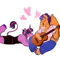 Size: 3300x3300 | Tagged: safe, artist:starsbursts, derpibooru import, flash sentry, twilight sparkle, anthro, pegasus, unguligrade anthro, unicorn, acoustic guitar, blushing, clothes, duo, eyes closed, female, flashlight, guitar, heart, image, leonine tail, lying down, male, muscles, musical instrument, open mouth, pants, png, prone, role reversal, scar, shipping, shirt, shorts, simple background, singing, sports shorts, straight, tail, tanktop, unicorn twilight, unshorn fetlocks, white background