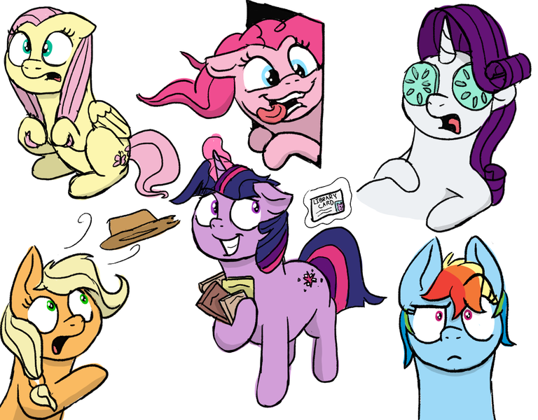 Size: 1251x977 | Tagged: safe, artist:doodledonutart, derpibooru import, applejack, fluttershy, pinkie pie, rainbow dash, rarity, twilight sparkle, earth pony, pegasus, pony, unicorn, behaving like a dog, cucumber, female, food, image, mane six, png, simple background, tongue out, unicorn twilight, white background