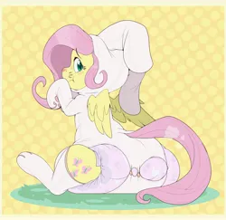Size: 4694x4554 | Tagged: safe, artist:cuddlehooves, derpibooru import, fluttershy, pony, air pushed out of diaper, animal costume, bunny costume, bunny ears, clothes, costume, diaper, diaper fetish, fetish, image, jpeg, onesie, poofy diaper, solo