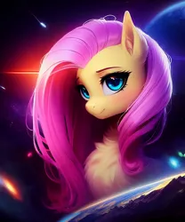 Size: 1280x1536 | Tagged: safe, derpibooru import, editor:nightluna, machine learning assisted, machine learning generated, purplesmart.ai, stable diffusion, fluttershy, pony, chest fluff, eyebrows, eyelashes, female, galaxy, giant pony, image, jpeg, macro, mare, mountain, planet, smiling, solo, space, stars