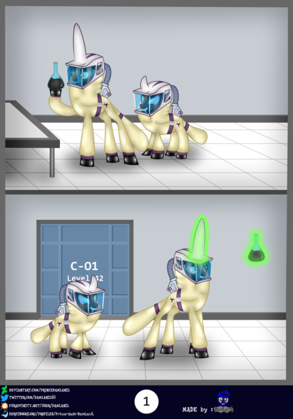 Size: 2560x3654 | Tagged: safe, artist:damlanil, derpibooru import, queen chrysalis, changeling, goo, comic:new conversion strategy, clothes, comic, commission, damlanil's lab, door, duo, eyeshadow, female, flask, gloves, hazmat suit, helmet, horn, image, laboratory, latex, latex gloves, latex suit, living latex, magic, magic aura, makeup, male, png, raised hoof, rubber, shiny, shoes, show accurate, smiling, standing, suit, vector, wings