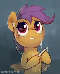 Size: 1051x1280 | Tagged: safe, artist:anotherdeadrat, derpibooru import, scootaloo, pegasus, pony, crying, cute, cutealoo, earbuds, female, filly, foal, image, jpeg, sad, sadorable, solo, spread wings, wings