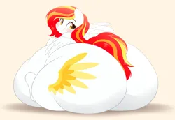 Size: 3577x2464 | Tagged: suggestive, artist:montsundere, derpibooru import, oc, oc:diamond sun, pegasus, pony, belly, big belly, blushing, butt, commission, fat, female, huge belly, huge butt, image, impossibly large belly, impossibly large butt, large butt, looking back, mare, morbidly obese, obese, png, simple background, smiling, the ass was fat, ych result