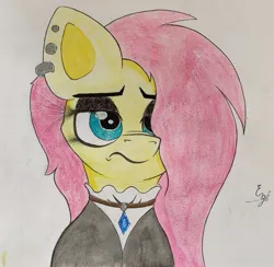 Size: 1555x1516 | Tagged: safe, artist:engi, derpibooru import, fluttershy, pegasus, pony, clothes, ear piercing, eyeshadow, female, fluttergoth, image, jewelry, jpeg, makeup, necklace, piercing, simple background, solo, traditional art, watercolor painting